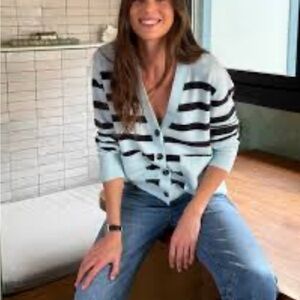 Ann Taylor Weekend Cardigan, Light Blue & Navy Blue Striped Cardigan